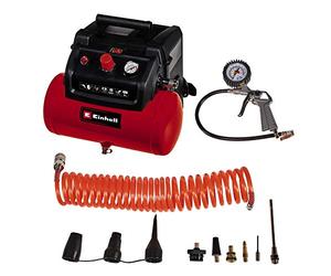 Einhell Compresor TC-AC 190/6/8 OF Set (1200 W, máx. 8 bar, depósito de 6 L, potencia de aspiración de 190 l/min, velocidad del motor 18000 min^-1, regulador de presión, manómetro, sin aceite)