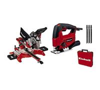 Einhell Ingletadora TC-SM 2131/1 Dual (1.800W, 4.900min-1, función de tracción integrada, tope de pieza, dispositivo de sujeción, incl. hoja de sierra de carburo de tungsteno, láser) + Set Caladora