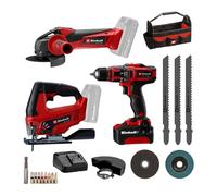 Einhell Juego de herramientas a batería TE-TK 18/3 Li Kit | PXC | 18 V | taladro/atornillador TE-CD 18/40 | amoladora TC-AG 18/115 | sierra calar TC-JS 18 | batería 4,0 Ah | Cargador