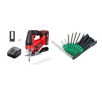 Einhell Sierra de calar con batería TC-JS 18/70 Li Power X-Change (18 V,70mm de profundidad de corte, cambio de hoja de hoja sin herramienta, batería de 2,5 Ah y cargador) + Juego de 10 hojas de calar