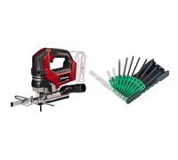 Einhell Sierra de calar con batería TP-JS 18/135 Li BL Professional Power X-Change (18V, 135mm profundidad de corte en madera, 26mm altura de elevación, hoja de sierra) + Juego de 10 hojas de calar