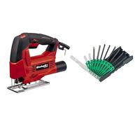 Einhell Sierra de calar - TC-JS 60/1. Baja vibración, control electrónico de velocidad, cambio de hoja sin herramientas, suela para cortes de inglete hasta 45 ° grados + Juego de 10 hojas de calar