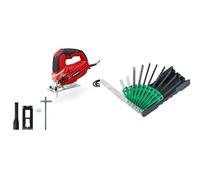 Einhell Sierra de calar TC-JS 85 (620 W, máx. 85 mm, corte en ángulo de 45°, regulación de la carrera, carrera pendular de 4 etapas, adaptador de aspiración, tope paralelo + Juego de 10 hojas de calar