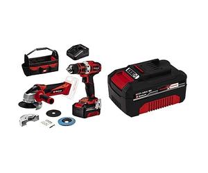 Einhell Taladro a batería TE-CD 18/40 Li + amoladora angular a batería TC-AG 18/115 Li PXC (iones de Li, 18V, incl. 2 batería 4Ah y cargador, accesorios de amoladora angular, caja de puntas, bolsa)