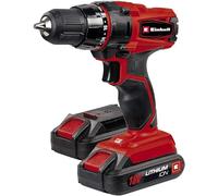 Einhell Taladro inalámbrico a batería - TC-CD 18-2 Li, Batería de litio de 18 V, 1300 mAh, número de engranajes 2, Portabrocas, Incluye dos baterías, cable de carga y maletín, Color Rojo/Negro