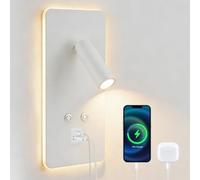 Eirolace Luz de Lectura Pared Atenuación Continua, Apliques Pared Dormitorio con USB y USB C, 3W+9W 3000K Lampara Cabecero Cama Iluminación Ambiental para Dormitorio Hotel(1 blanco)
