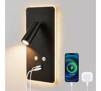 Eirolace Luz de Lectura Pared Atenuación Continua, Apliques Pared Dormitorio con USB y USB C, 3W+9W 3000K Lampara Cabecero Cama Iluminación Ambiental para Dormitorio Hotel(1 negro)