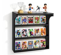 Eirolace - Portatarjetas de pared de madera, 3 pisos, expositor con estante superior versátil, soporte para (Football, béisbol, baloncesto), 15+ tarjetas, color negro
