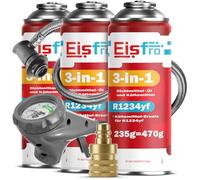 Eisfro - 3-en-1 R1234yf Recarga de Aire Acondicionado - 3 x 235 g con Manguera de Recarga y Adaptador YF - Aire Acondicionado para automóviles - Gas R1234yf 3-en-1 - Cartucho de Gas - Eco