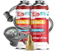 Eisfro - 3 en 1 sustituto R1234yf Recarga de Aire Acondicionado - 2 x 235 g con Manguera y Adaptador YF - Aire Acondicionado para automóviles - Gas sustituto R1234yf 3 en 1 - Cartucho de Gas - Eco