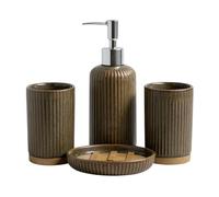 Ekilikua Home | Juego de Accesorios de baño 4 Piezas Marrón | Dispensador de jabón, Vaso baño, Soporte para Cepillo de Dientes y Bandeja Jabón | Set de baño (Cerámica Bambú)