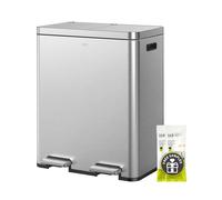 EKO Edison - Cubo de basura doble para reciclaje y basura, botes de basura de cocina de 8 + 8 galones con doble forro interior extraíble, tapas y pedales independientes, acero inoxidable mate