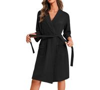 Ekouaer Albornoz Mujer de Nido Abeja Manga 3/4 Bata de Casa Corta Ligero Suave Robe con Bolsillos Kimono Batas Todo El Año, Negro M