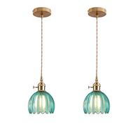 EKSED Lámpara Colgante Vintage de Vidrio con Casquillo E27 y Interruptor Giratorio, Pantalla con Forma de Pétalo para Cocina, Comedor o Dormitorio (azul, 2 unidades)