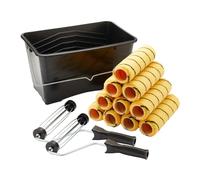 El pack de 13 piezas de ProDec contiene un recipiente de 15 litros, 2 marcos de rodillo y 10 rodillos de pelo medio para pintar con pinturas de emulsión y albañilería en paredes y techos