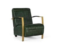 El sillón tiene una estructura metálica de tubo cuadrado de color dorado, que le da un toque moderno y elegante. el respaldo y el asiento están tapizados con piel bovina de un color verde profundo, of
