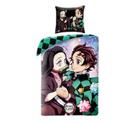 Elbenwald Anime Ropa de Cama Demon Slayer con Motivo de Nezuko & Tanjiro con Cremallera para Hombre señoras edredón Unisex 135 x 200 cm y Almohada 80 x 80 cm algodón Multicolor