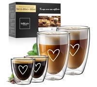 ElbFuchs Juego combinado vasos para latte macchiato de doble pared + vasos para espresso (2x 80 ml + 2x 350 ml) vasos térmicos transparentes de doble pared | Tazas de espresso y tazas de capuchino