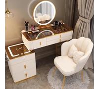 Ele Vani - Juego con silla y espejo táctil regulable de 3 colores, escritorio de maquillaje blanco con 3 puertas y armario lateral, piel de dormitorio y baño de cactus (marrón y blanco, 80.2x)