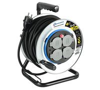 Electraline 208682 - Enrollador eléctrico profesional de 25 m para obras de metal con 4 enchufes IP44 con guía, platino fijo y mango ergonómico, cable de goma H07RN-F 3G1.5