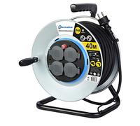 Electraline 208683 - Enrollador eléctrico profesional (40M para obras de metal, 4 tomas IP44, con guía para cable, placa fija y mango ergonómico, color plateado