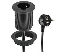 Electraline 35432 - Regleta empotrable compacta con 1 toma y 1 puerto USB 2.0A de carga rápida para escritorio/mesa, 60 mm de diámetro, fácil de instalar, prolongador de 2 m de cable, color negro