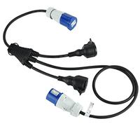 Electraline 46152 Cable Alargador Prolongador Industrial 3 vías con 2 Tomas Schuko + 1 Enchufe Industrial CEE,Enchufe CEE, IP44, Cable Goma H07RN-F 3G1.5mm, Longitud 1.5M, Negro
