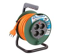 Electraline 49108 Alargador eléctrico de 25 m con enrollacables, 4 Tomas polivalentes (Schuko + 10/16 A), Enchufe Grande 16 A, con protección-sección Cable 3G1 mm², Verde/Naranja