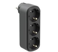 Electraline 55100 Adaptador Triple Prima de 3 Tomas 16A (2P+E) Schuko Frontal, Regleta de 2 Tomas Schuko, Adaptador de Pared, Negro/Gris