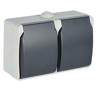 Electraline 605908 Toma de pared horizontal doble, 2 tomas Schuko 16A 2P + T, con tapas, Apto para ambientes exteriores y húmedos, protección IP44, Aquatop, Gris/antracita