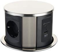Electraline 62571 ENCHUFE MULTIUSOS CIRCULAR EMERGENTE Enchufes: 3 x Schuko 16 A, (2 USB 3.1 A: 1 tipo A + 1 tipo C, cable de 2 m), Orificio de fijación: Ø 120 mm, Grosor de la mesa: máx. 60 mm
