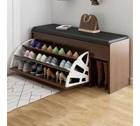 Elegante banco de zapatos de entrada gris con asiento acolchado, gabinete de almacenamiento de madera con cajón abatible y compartimento oculto para zapatos, perfecto para organización de pasillo, 80