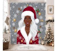Elegante cortina de ducha de Navidad con retrato de Papá Noel, 183 x 213 cm | Retrato de pelo plateado, detalles de estrella dorada, patrón de copo de nieve de invierno, atuendo festivo rojo y blanco