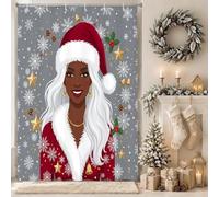 Elegante cortina de ducha de Navidad con retrato de Papá Noel, 91,4 x 183 | Retrato de pelo plateado, detalles de estrella dorada, patrón de copo de nieve de invierno, atuendo festivo rojo y blanco