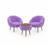 Elegante Juego de 3 sillas con Orejas y Mesa de café, Lila, 100% melamina, Grosor de 18 mm, Tela Supersuave y Patas de Madera de Fresno