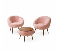 Elegante Juego de 3 sillas y mesas de café (Rosa) | 100% Tela recubierta de melamina, Material Suave, Patas de Madera de Fresno | Comodidad Moderna