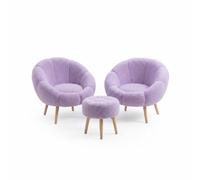 Elegante Juego de 3 sillones y taburetes (3 Piezas), Lila, 100% Tejido Wellssoft, Patas 100% Fresno | Confort y Estilo Moderno