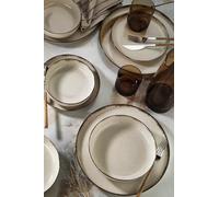 Elegante juego de cena de 16 piezas, 100% porcelana, color crema, incluye 4 platos de servicio (24 cm), platos de postre (21 cm), platos (20 cm), cuencos (15 cm), apto para lavavajillas y microondas