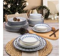 Elegante juego de cena de 24 piezas, 100% porcelana, blanco y azul, incluye platos de servicio, bolos, platos de postre, seguro para lavavajillas y microondas, perfecto para cualquier ocasión