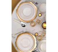 Elegante juego de cena de 24 piezas, 100% porcelana. Incluye 6 platos de servicio (27 cm), 6 platos (23 cm), 6 platos de postre (21 cm), 6 cuencos (15 cm). Perfecto para cenas con estilo