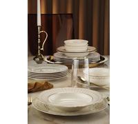 Elegante juego de cena de 24 piezas, 100% porcelana. Incluye 6 platos de servicio (27 cm), platos profundos (21 cm), platos de postre (21 cm), y cuencos (15 cm). Perfecto para cenas con estilo