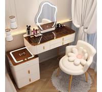 Elegante juego de tocador con sensor táctil, espejo de atenuación y luces LED, mesa de maquillaje de 3 cajones con armario lateral, pequeño tocador blanco para dormitorio y baño (marrón y blanco, 31.7