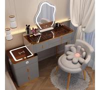 Elegante juego de tocador de maquillaje con silla, espejo de atenuación con sensor táctil, luces LED de 3 colores, 3 cajones y armario lateral, tocador blanco compacto para dormitorio y baño (marrón