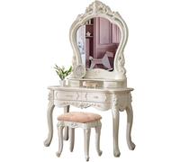 Elegante juego de tocador europeo de maquillaje con taburete tapizado de espejo grande y 4 cajones de almacenamiento, muebles de dormitorio elegantes para mujeres y niñas en color blanco (100 cm)