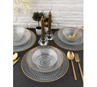 Elegante juego de vajilla de cristal transparente de 12 piezas | Incluye 4 cuencos (15 cm), 4 platos llanos (21 cm), 4 platos de servir (28 cm) | Perfecto para comidas elegantes