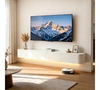 Elegante soporte de TV flotante moderno de 220 cm con luces LED, consola multimedia montada en la pared, cajones de almacenamiento y gestión de cables para sala de estar y dormitorio (blanco)