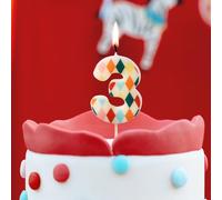 Elegante vela de cumpleaños número 3 para fiestas temáticas de circo, celebraciones, rombos