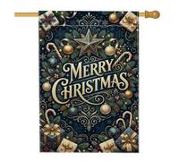 Elegantes adornos de felicitación de Navidad dorados y azul marino, bandera | Detalles de estrella dorada, bandera de patio, ramas de pino, cajas de regalo, bastones de caramelo, acebo de invierno