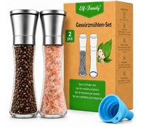 Elf-Family Molinillo Pimienta y Sal 2 Piezas, Salero y Pimentero con Mecanismo Cerámico Ajustable, Acero Inoxidable y Vidrio, para Sal Gruesa, Semillas de Lino y Especias, 200 ml, 19,2 cm