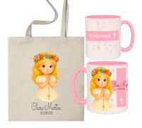 ELISA BOTELLA Pack Primera Comunión Personalizado, Taza de Cerámica 350ml y Bolsa de Poliéster, Diseño de Niña con Corona de Flores (Pack RUBIA)